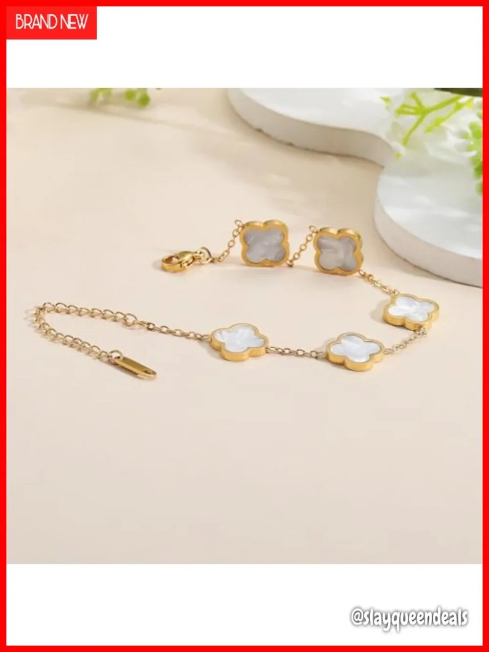 18K Gold Plated Clover Link Bracelet Stainless Steel Lobster Claw